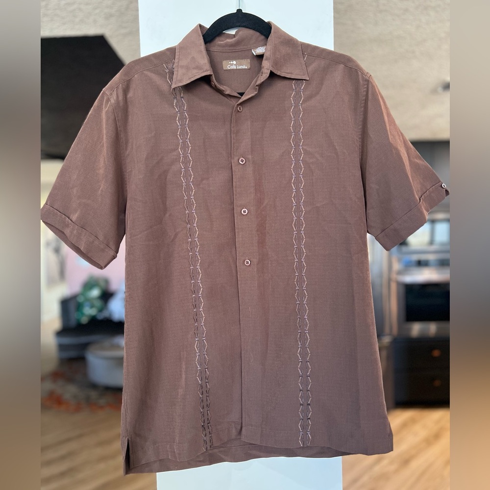 Cafè Luna Short-Sleeve Embroidered Button-Down Shirt - Brown